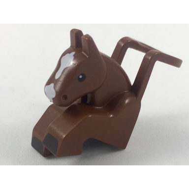reddish brown minifigure costume horse head and legs with black eyes and hooves white blaze pattern