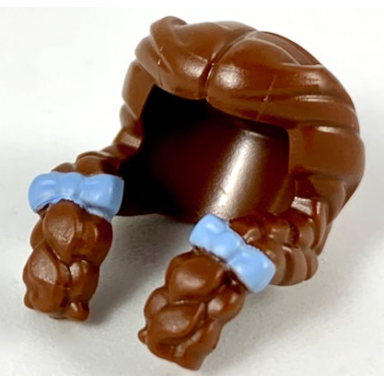 reddish brown minifigure hair female parted in center two braids hanging in front with bright light blue bows pattern