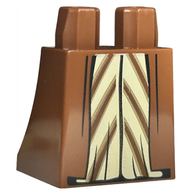 reddish brown lower body skirt with coattails over tan dress with dark tan and reddish brown diagonal stripes pattern