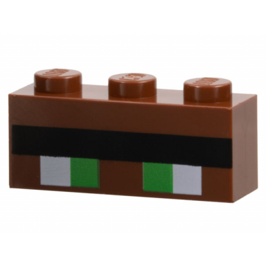 reddish brown brick 1 x 3 with minecraft pixelated green eyes and black unibrow pattern