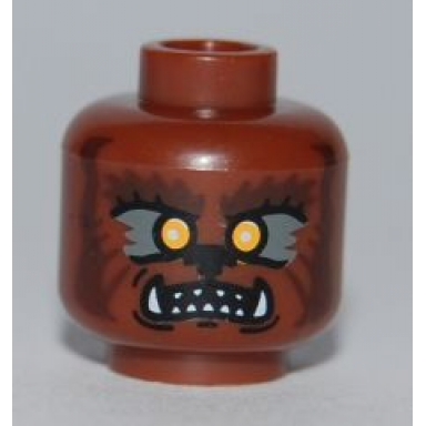 reddish brown minifigure head werewolf orange eyes and sharp teeth pattern