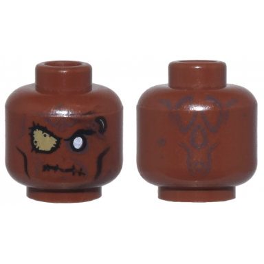 reddish brown minifigure head alien with potc zombie with silver eye and eye patch pattern