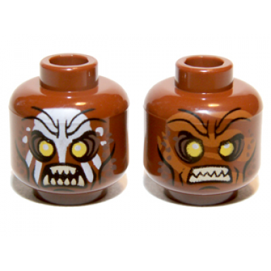 reddish brown minifigure head dual sided alien orc with yellow eyes dark brown eye shadow and spots black cheek lines and chin dimple furrowed brow white face paint and angry open mouth with tan sharp teeth parted dark orange dirt stains and bared teeth pattern