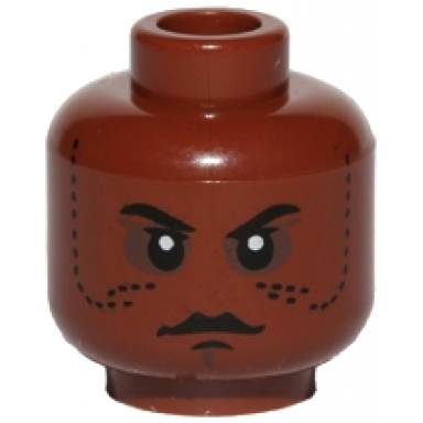 reddish brown minifigure head with black eyebrows upper eyelids dotted lines on cheeks top lip and chin dimple dark brown eye shadow stern pattern