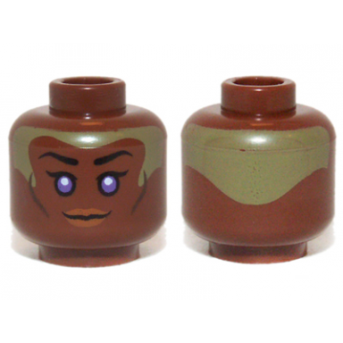 reddish brown minifigure head female with violet eyes brown lips and pale green head paint pattern sw stass allie