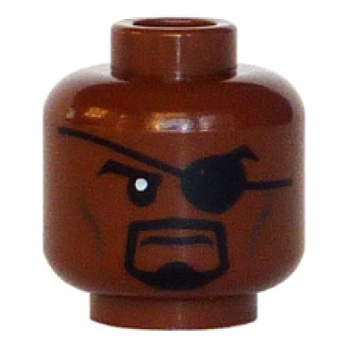 reddish brown minifigure head black eyebrows eye patch moustache and goatee dark brown cheek lines stern pattern