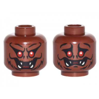 reddish brown minifigure head dual sided alien with red eyes fangs fur smiling worried pattern