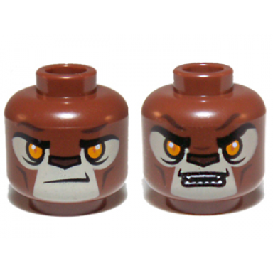 reddish brown minifigure head dual sided alien chima lion with orange eyes tan face and brown nose closed mouth open mouth pattern lavertus