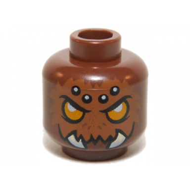 reddish brown minifigure head alien chima spider with bright light orange eyes dark orange fur black and white spots on forehead and white fangs pattern