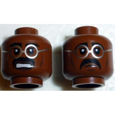reddish brown minifigure head dual sided black thick eyebrows and moustache upper eyelids round glasses with silver frames dark brown cheek lines and chin dimple angry open mouth with teeth sad frown pattern