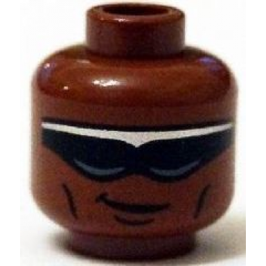 reddish brown minifigure head glasses with black and silver sunglasses crooked smile cheek lines pattern power man