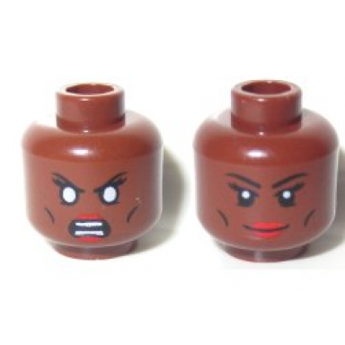 reddish brown minifigure head dual sided female thin black eyebrows cheek lines red lips bared teeth with white eyes pattern storm