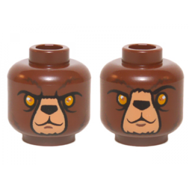 reddish brown minifigure head dual sided alien chima bear with bright light orange eyes black nose nougat snout and dark brown fur lines stern confused pattern