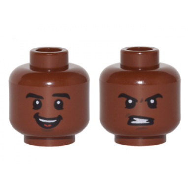 reddish brown minifigure head dual sided black eyebrows white pupils open mouth smile clenched teeth pattern cyborg