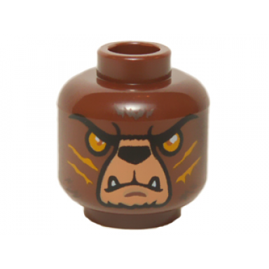 reddish brown minifigure head alien chima bear with black nose medium nougat snout and bright light orange eyes and slash marks pattern