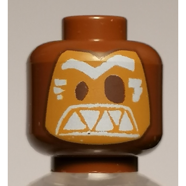 reddish brown minifigure head alien mask medium nougat with dark brown eyes and white eyebrows and triangular teeth pattern kakamora