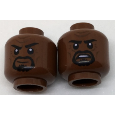 reddish brown minifigure head dual sided black eyebrows black goatee firm grin tense pattern