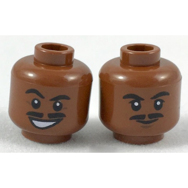 reddish brown minifigure head dual sided moustache split black eyebrows lopsided grin closed mouth pattern sw lando