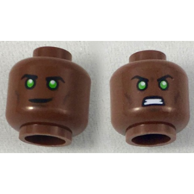 reddish brown minifigure head dual sided black eyebrows green eyes with white glints smirk angry pattern