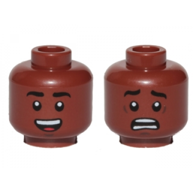 reddish brown minifigure head dual sided black eyebrows dark brown chin dimple open mouth smile with top teeth and red tongue scared pattern