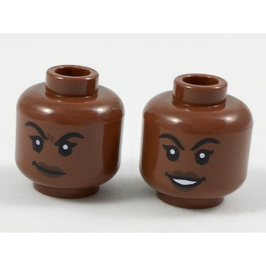 reddish brown minifigure head dual sided female black eyebrows dark brown lips lopsided smirk smile pattern