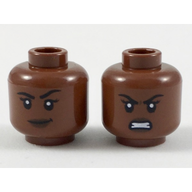 reddish brown minifigure head dual sided female black eyebrows dark brown lips lopsided grin gritted teeth pattern