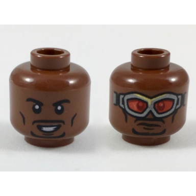 reddish brown minifigure head dual sided black eyebrows and goatee smile silver goggles with red lenses pattern