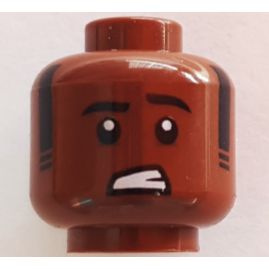 reddish brown minifigure head black eyebrows left raised trimmed sideburns dark brown lower eyelids and chin dimple worried lopsided open mouth with teeth pattern
