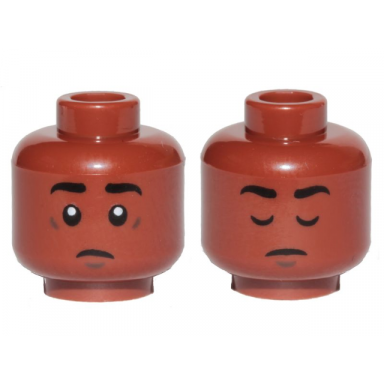 reddish brown minifigure head dual sided black eyebrows white pupils sad closed eyes pattern finn
