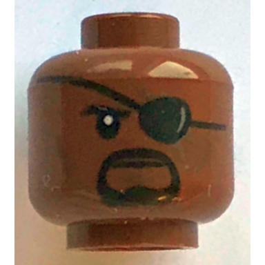 reddish brown minifigure head black eyebrow eye patch with reflection and goatee dark brown cheek lines chin dimple and scars stern pattern nick fury
