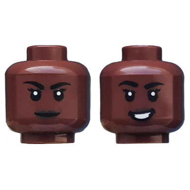 reddish brown minifigure head dual sided female black eyebrows lipstick closed mouth lopsided smile with white teeth pattern