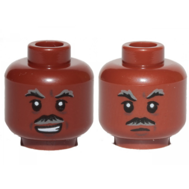 reddish brown minifigure head dual sided black and gray moustache and eyebrows lopsided grin closed mouth pattern sw lando