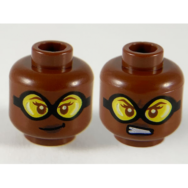 reddish brown minifigure head dual sided female black goggles with yellow lenses dark brown lips lopsided grin scowl showing teeth pattern