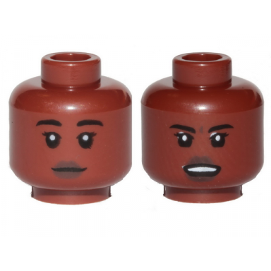 reddish brown minifigure head dual sided female dark brown lips black eyebrows neutral angry pattern