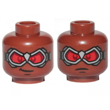 reddish brown minifigure head dual sided glasses with silver goggles and red lenses smile angry pattern