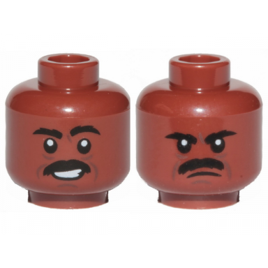 reddish brown minifigure head dual sided black eyebrows moustache dark brown lines smile angry pattern greef karga