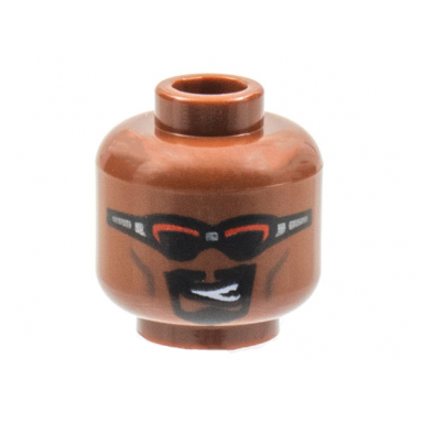 reddish brown minifigure head sunglasses with red and black lenses black goatee lopsided open mouth pattern