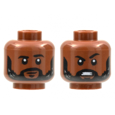 reddish brown minifigure head dual sided black eyebrows and beard with light bluish gray highlights neutral angry pattern