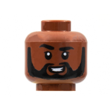 reddish brown minifigure head black eyebrows right raised beard smile showing teeth pattern