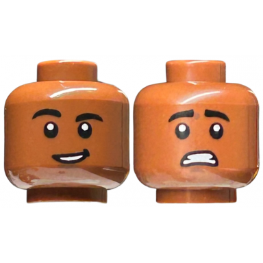 reddish brown minifigure head dual sided black eyebrows smile with teeth scared pattern pattern