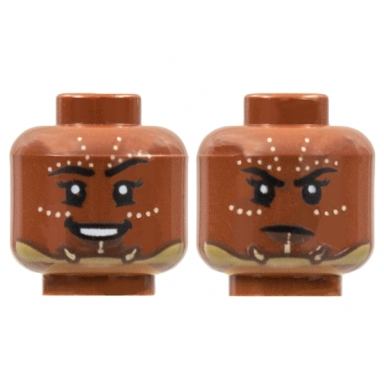 reddish brown minifigure head dual sided female black eyebrows rows of tan dots chinstrap smile frown pattern