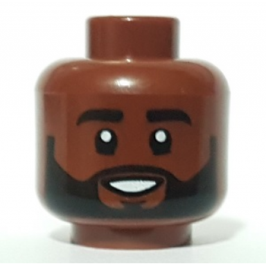 reddish brown minifigure head black eyebrows and beard open mouth smile pattern