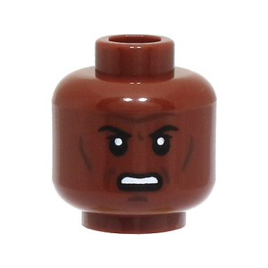 reddish brown minifigure head black eyebrows forehead lines cheek lines and chin dimple scowl with open mouth and teeth pattern