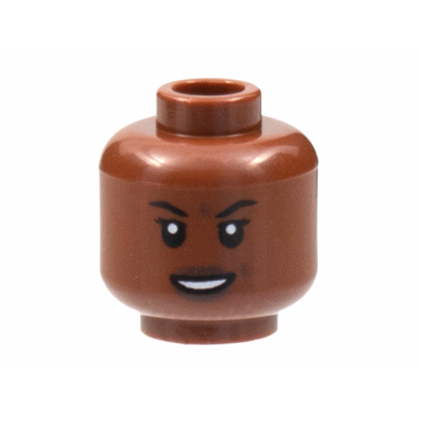 reddish brown minifigure head female black eyebrows open smile and white teeth pattern