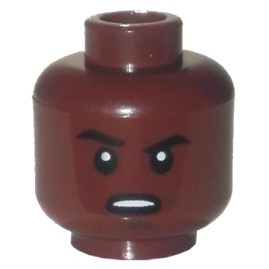reddish brown minifigure head black eyebrows raised right eyebrow scowl with open mouth and teeth pattern