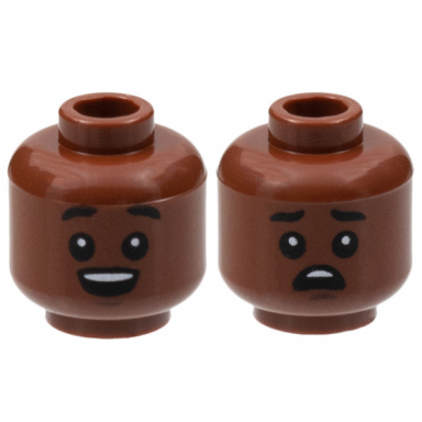 reddish brown minifigure head dual sided black eyebrows raised and eyes with white pupils open mouth worried pattern