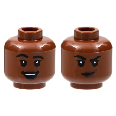 reddish brown minifigure head dual sided female black eyebrows thick single eyelashes dark brown lips open mouth smile with top teeth and red tongue smirk pattern