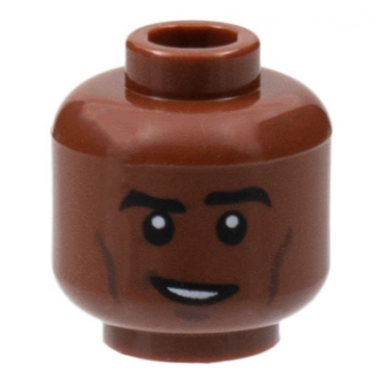 reddish brown minifigure head thick black eyebrows dark brown contour lines lopsided smile with teeth pattern