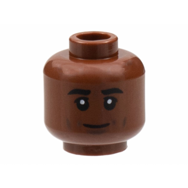 reddish brown minifigure head thick black eyebrows dark bluish gray cheek lines and chin dimple closed grin pattern