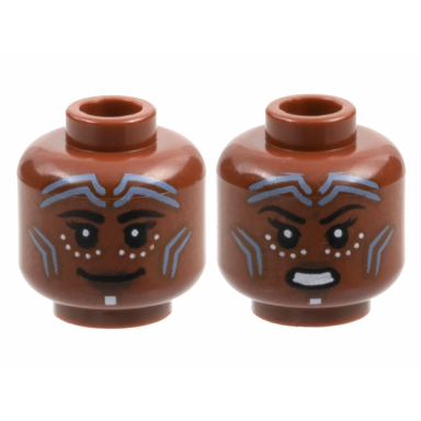 reddish brown minifigure head dual sided female bright light blue chevron tattoos black eyebrows white dots dark brown lips grin gritted teeth pattern